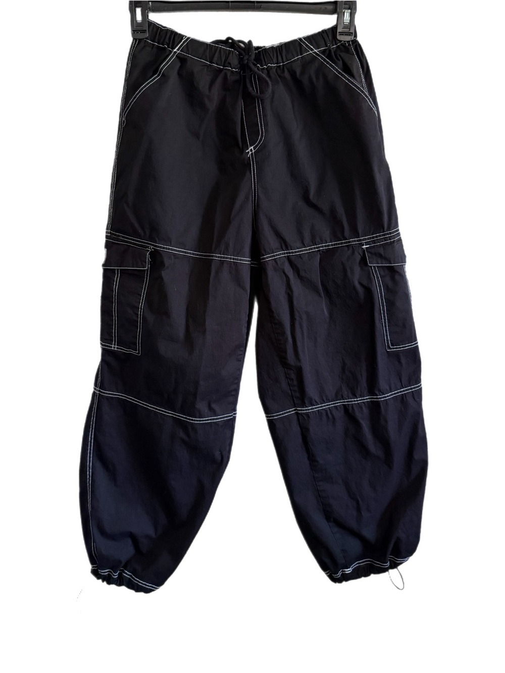 Almost Famous Black Cargo Jogger Pants with White Contrast Stitching Size M - Picture 1 of 10